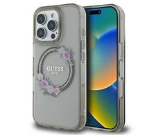 Guess GUHMP16LHFWFCK Apple iPhone 16 Pro 6.3″ juodos spalvos kietas dėklas IML Flowers Wreath MagSafe