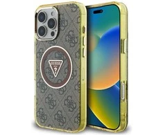 Dėklas Guess IML Metal Glitter 4G Circle Triangle MagSafe, skirtas Phone 16 Pro, rudos spalvos