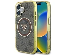 Guess IML 4G Glitter and Triangle Logo MagSafe Apple iPhone 16 dėklas telefonui rudos spalvos