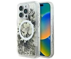 Dėklas Guess Liquid Glitter Flower MagSafe Apple iPhone 16 Pro Case - rusvai gelsvas