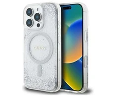 Guess GUHMP16LRGRGES Apple iPhone 16 Pro 6.3" sidabro spalvos kietas dėklas su blizgučiais ir resininiu efektu, MagSafe