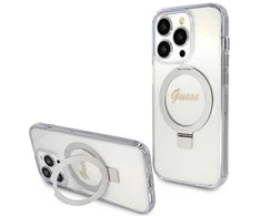 Dėklas GUESS GUHMP15LHRSGSD IPHONE 15 PRO 6.1 "SKAIDRUS / SKAIDRUS KIETAS DĖLĖS ŽIEDAS STOVAS SCRIPT GLITTER MAGSAFE