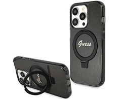 Dėklas GUESS GUHMP15XHRSGSK IPHONE 15 PRO MAX 6.7 "Juodas/Juodas HARDCASE RING STAND SCRIPT GLITTER MAGSAFE