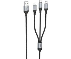 USB kabelis Hoco (X102) 3in1 lightning+microUSB+USB-C juodas 1m