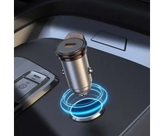 Automobilinis įkroviklis Hoco 2 x USB C QC PD 45W + laidas USB C į Lightning NZ16B metalinis pilkas