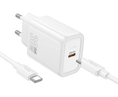 Telefono įkroviklis Hoco USB C QC PD 30W + laidas USB C į USB C N62 baltas