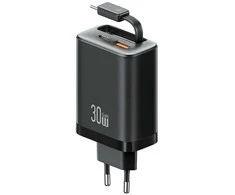 Laidinis įkroviklis USAMS Xiang Series CC296 30W 1xUSB-C 1xUSB-A + USB-C cable juodos spalvos