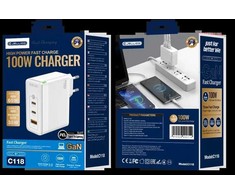 JELLICO sieninis įkroviklis C118 GaN PD 100W 2xUSB-C + 1xUSB QC3.0 + USB-C laidas - Lightning Baltas