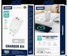 JELLICO sieninis įkroviklis EU13 GaN PD 30W 1xUSB-C + 1xUSB QC3.0 + laidas USB-C - USB-C Baltas