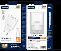 JELLICO sieninis įkroviklis EU57 PD 20W 1xUSB-C + 1xUSB QC3.0 + laidas USB-C - USB-C Baltas
