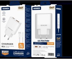 JELLICO sieninis įkroviklis EU57 PD 20W 1xUSB-C + 1xUSB QC3.0 + USB-C laidas - Lightning Baltas