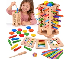Jokomisiada Wooden 5-in-1 arcade game – tower, balls, sticks, worms ZA6569