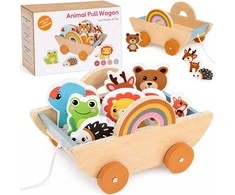Jokomisiada Wooden cart with 7 animals to pull ZA6168