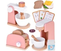 Jokomisiada Wooden Set Toaster Coffee Machine Mixer + Accessories – Small Pretend Play Appliances ZA5929
