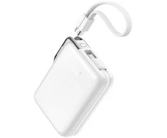 Joyroom JR-PBF27 Pro 10000mAh 30W išorinė baterija su integruotu USB-C laidu ir papildomu dvikrypčiu USB-C–Lightning laidu – balta