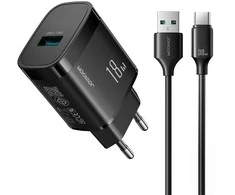 Joyroom JR-TF4 18W wall charger with 3A USB-A - USB-C 1m cable - juodas