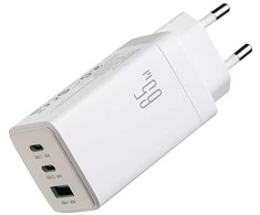 Joyroom JR-TG10 65W GaN 2x USB-C + USB-A sieninis įkroviklis su 65W USB-C - USB-C 1.2m laidu - baltas