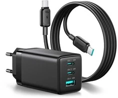 Joyroom JR-TG10 65W GaN 2x USB-C + USB-A wall charger with 100W USB-C - USB-C 1.2m cable - juodas