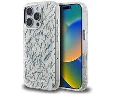 Dėklas Karl Lagerfeld IML Karl Script Pattern MagSafe, skirtas iPhone 16 Pro, baltos spalvos