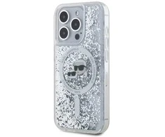 Karl Lagerfeld Liquid Glitter Karl and Choupette Heads MagSafe dėklas telefonui Apple iPhone 15 Pro skaidrus