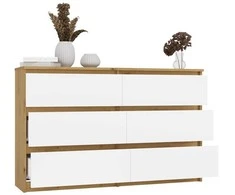 „Top E Shop“ M6 MALWA komoda su 6 stalčiais, 120 cm, ąžuolo medienos, „Artisan/Baltas“.