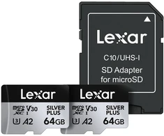 Atminties kortelė Lexar 64GB Micro SDXC Professional Sidabrinis Plus UHS-I A2 V30 U3 4K - 2 vnt.