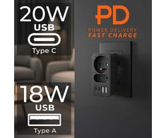 „Maclean“ srovės lizdas x2 + 4xUSB, skirstytuvas su 2 lizdais, 2xUSB A, 2xUSB C PD 20W, 1x16A + 1x6A, MCE249 F/B