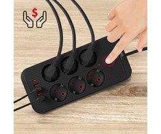 Maclean power strip, 6 socket extension + 4xUSB, 110-240V AC 50/60Hz, 2.1A max 2500W, 3m, juodas, MCE391 B