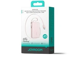 Joyroom JR-PR2L 10000mAh 35W išorinė baterija su integruotu ištraukiamu USB-C laidu ir „Lightning“ laidu ant virvelės - Rožinė