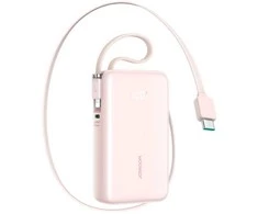 Joyroom JR-PR2L 10000mAh 35W išorinė baterija su integruotu ištraukiamu USB-C laidu ir „Lightning“ laidu ant virvelės - Rožinė