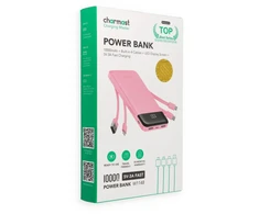 Nešiojamoji baterija 5V 3A 10000 mAh su integruotais laidais USB A / USB C / Lightning / Micro USB Charmast W1148 rožinė
