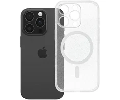 Oem Originalus „iPhone 16 PRO“ skaidrus „Mag“ dėklas – blizgučiai (STR / APSAUGA NUO FOTOAPAROS), suderinamas su „MagSafe“ permatomais blizgučiais.
