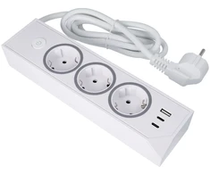 Oem rozetė su 3 lizdais, maks. 3680W, 1xUSB A, 2x type C 25W jungtys su 1,5 m maitinimo laidu E59 balta