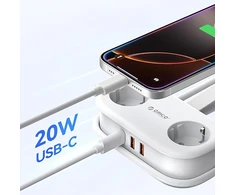 „Orico AP3 20W GaN 5in1“ maitinimo blokas, 2x AC + 2x USB-A + 1x USB-C - balta