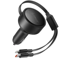 „Orico“ dvigubo tempimo 60 W USB-C automobilinis įkroviklis su dviem ištraukiamais USB-C + „Lightning“ laidais - Juodas