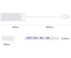 Orico PAPW2AC-C3 USB Hub 4-port 2x USB-A 3.0 1x USB-C 3.0 with USB-C PD 100W charging 0.15m - baltas