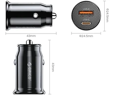 Orico PowerMini 30W USB-C + USB-A automobilinis įkroviklis - Juodas