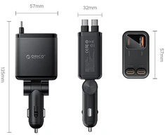 „Orico Twin Reach 45W“ USB-A + USB-C automobilinis įkroviklis su dviem ištraukiamais USB-C laidais – Juodas