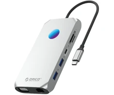 Orico XCR 12in1 RGB USB-C Docking Station 3x USB-A 3.1 1x USB-A 2.0 1x USB-C PD 100 W 1x USB-C 3.1 1x HDMI 1.4 4K 30Hz 1x VGA 1080p 1x Micro SD/SD 3.0 1x RJ Gigabit Ethernet 1x Audio CTIA 3.5 mm - Sidabrinis