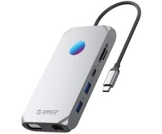 Orico XCR 12in1 RGB USB-C Docking Station 3x USB-A 3.1 1x USB-A 2.0 1x USB-C PD 100 W 1x USB-C 3.1 1x HDMI 1.4 4K 30Hz 1x VGA 1080p 1x Micro SD/SD 3.0 1x RJ Gigabit Ethernet 1x Audio CTIA 3.5 mm - Gray