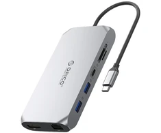 Orico XCR 12in1 USB-C Docking Station 2x USB-A 3.1 1x USB-A 2.0 1x USB-C PD 100W 1x USB-C 3.1 2x HDMI 2.0 4K 60Hz 1x DisplayPort 1.4 4K 60Hz 1x SD 3.0 1x Micro SD 3.0 1x RJ45 Gigabit Ethernet 1x audio CTIA 3.5mm - Gray
