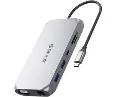 Orico XCR 12in1 USB-C Docking Station 2x USB-A 3.1 1x USB-A 2.0 1x USB-C PD 100W 1x USB-C 3.1 2x HDMI 2.0 4K 60 Hz 1x VGA 1080p 1x SD 3.0 1x Micro SD 3.0 1x RJ45 Gigabit Ethernet 1x audio CTIA 3.5 mm - Gray