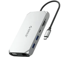 Orico XCR 12in1 USB-C Docking Station 3x USB-A 3.1 1x USB-A 2.0 1x USB-C PD 100 W 1x USB-C 3.1 1x HDMI 1.4 4K 30 Hz 1x VGA 1080p 1x SD 3.0 1x Micro SD 3.0 1x RJ45 Gigabit Ethernet 1x audio CTIA 3.5 mm - Sidabrinis