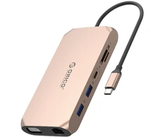 Orico XCR 12in1 USB-C Docking Station 3x USB-A 3.1 1x USB-A 2.0 1x USB-C PD 100W 1x USB-C 3.1 1x HDMI 1.4 4K 30 Hz 1x VGA 1080p 1x SD 3.0 1x Micro SD 3.0 1x RJ45 Gigabit Ethernet 1x audio CTIA 3.5mm - Rose Gold