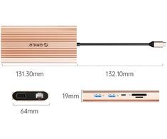 Orico USB-C 12w1 | USB-A | USB-C PD 100W | HDMI 4K | VGA | RJ45 Gigabit - rožinė-auksinė