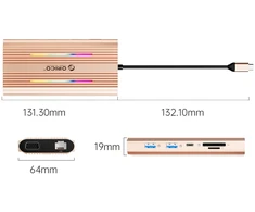 Orico USB-C 12w1 RGB | 2xUSB-A | 1xUSB-C PD 100W | 2x HDMI 4K 60Hz | 1xVGA | 1xRJ45 Gigabit - rožinė-auksinė