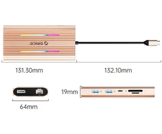 Orico XDR 12in1 RGB USB-C Docking Station USB-A USB-C 2x HDMI 4K 60 Hz DisplayPort 4K 60 Hz RJ45 Gigabit PD 100W SD and Micro SD Card Reader - Rose Gold