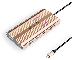 Orico XDR 12in1 RGB USB-C Docking Station USB-A USB-C 2x HDMI 4K 60 Hz DisplayPort 4K 60 Hz RJ45 Gigabit PD 100W SD and Micro SD Card Reader - Rose Gold