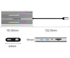 Orico XDR 12in1 RGB USB-C Docking Station USB-A USB-C 2x HDMI 4K 60 Hz DisplayPort 4K 60 Hz RJ45 Gigabit PD 100W SD and Micro SD Card Reader - Sidabrinis