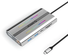 Orico XDR 12in1 RGB USB-C Docking Station USB-A USB-C 2x HDMI 4K 60 Hz DisplayPort 4K 60 Hz RJ45 Gigabit PD 100W SD and Micro SD Card Reader - Sidabrinis